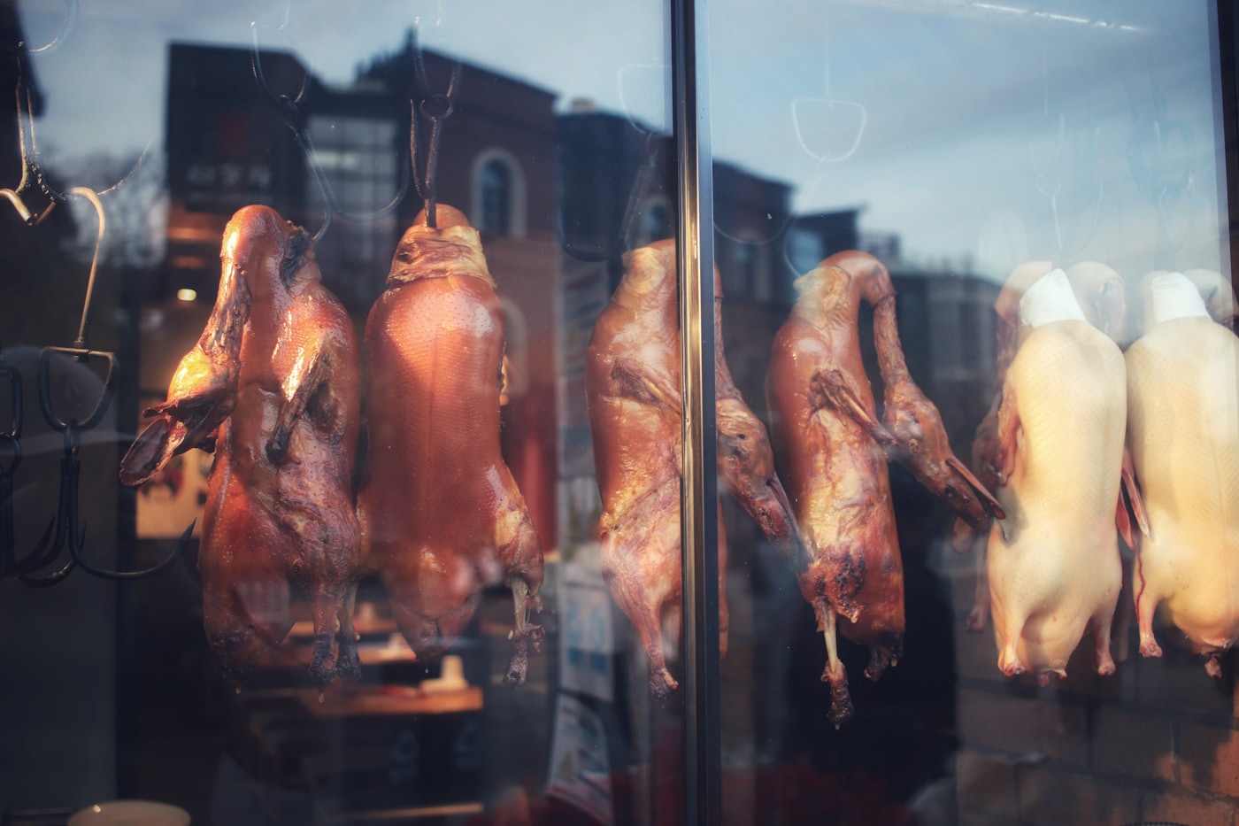 La vitrine de la Maison Wong au matin&nbsp;: canards et volailles laqués suspendus à leurs crochets derrière la vitre, la rue en reflet.